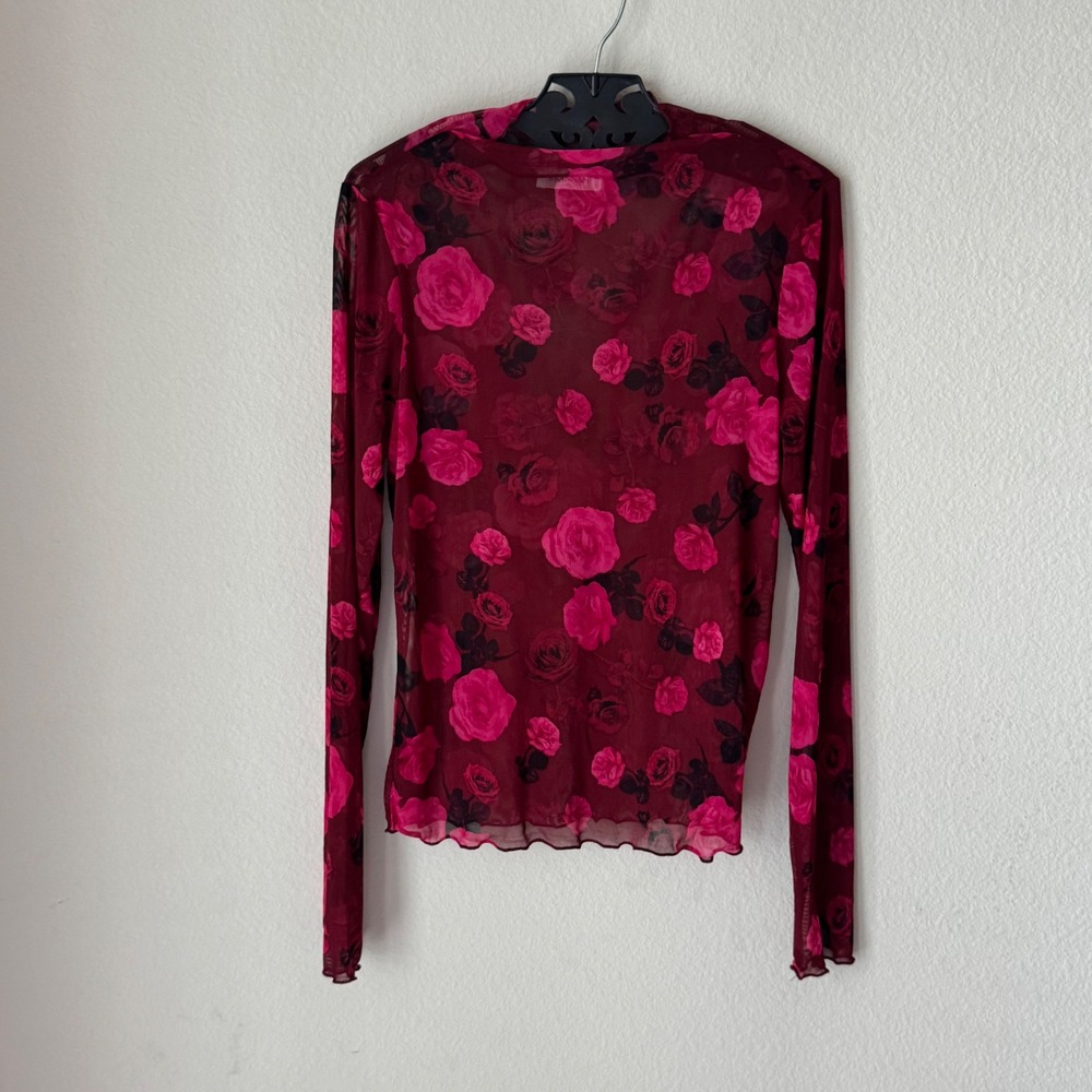 Brannan Womens Burgundy Pink Rose Floral Sheer Mesh Long Sleeve Top Lettuce Trim